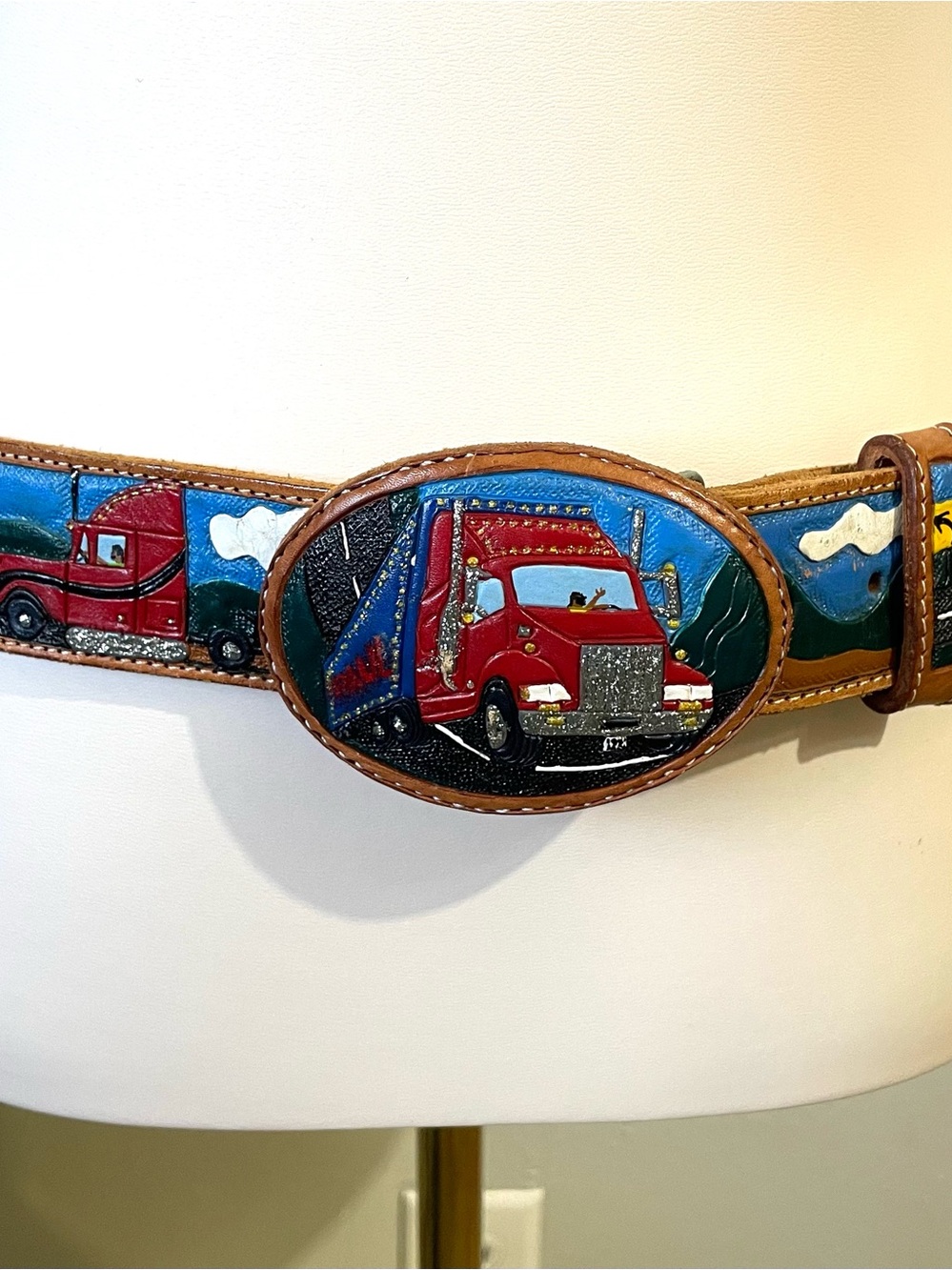 Hand Painted Leather Belt Semi Truck Landscape Western Trucker Artisan Rustic